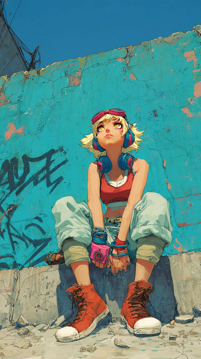 Anime girl crouching by cyan graffiti covered urban wall