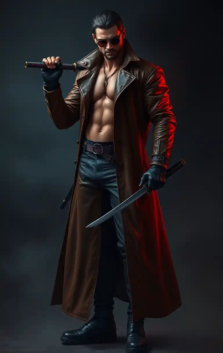 Muscular warrior with katana in smoky dramatic scene