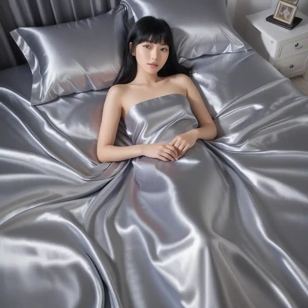 Beautiful japanese woman resting on silver satin bed sheets