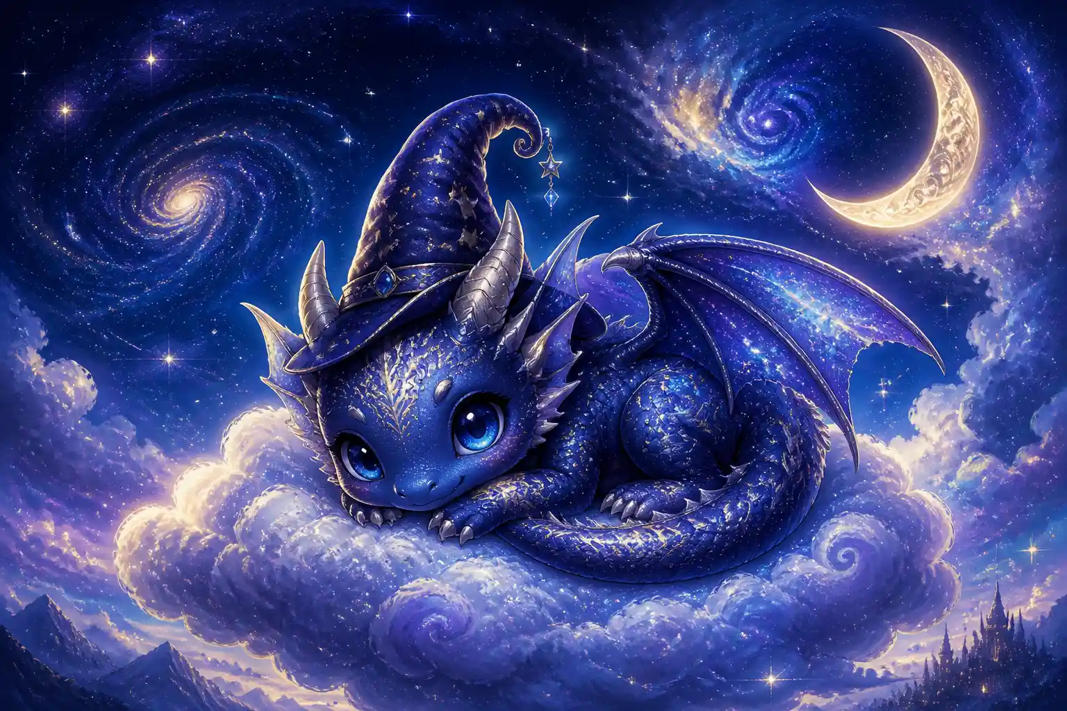 Cute chibi dragon sleeping on a cloud in cosmic night