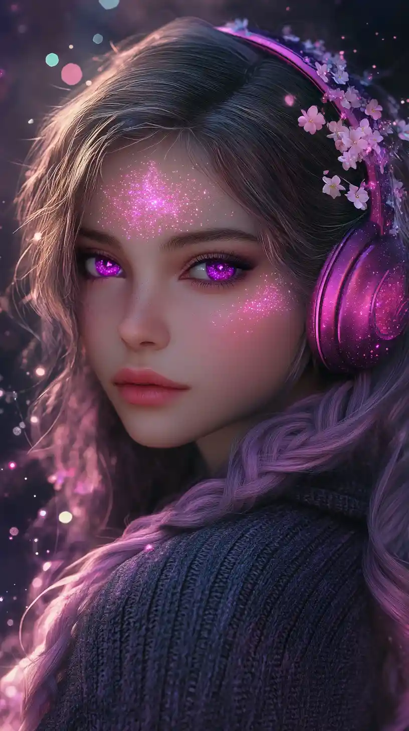 Cosmic anime woman with cherry blossoms and glittering hair