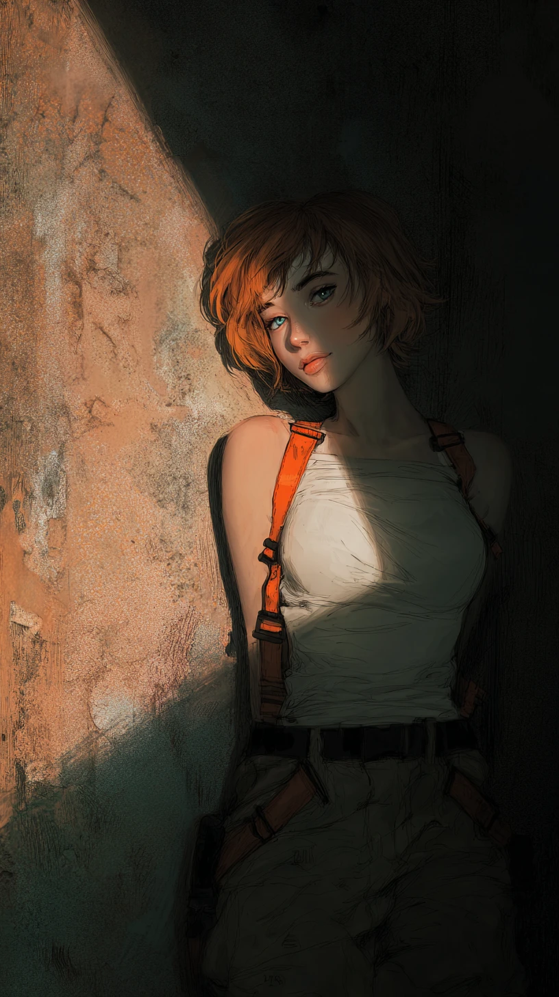 Anime woman leaning against a rough concrete urban wall