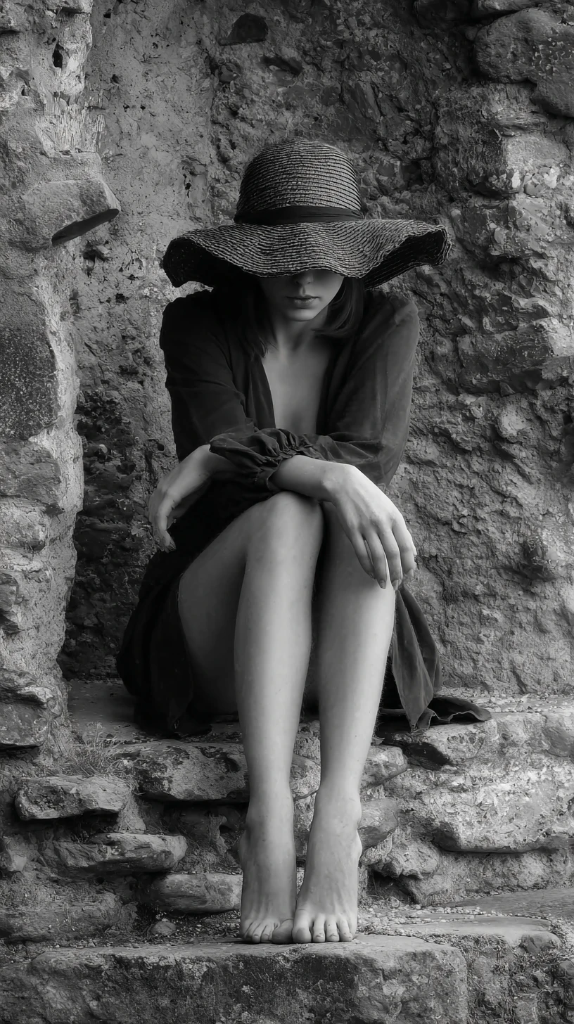 Lonely woman in ruins lit by dramatic golden light