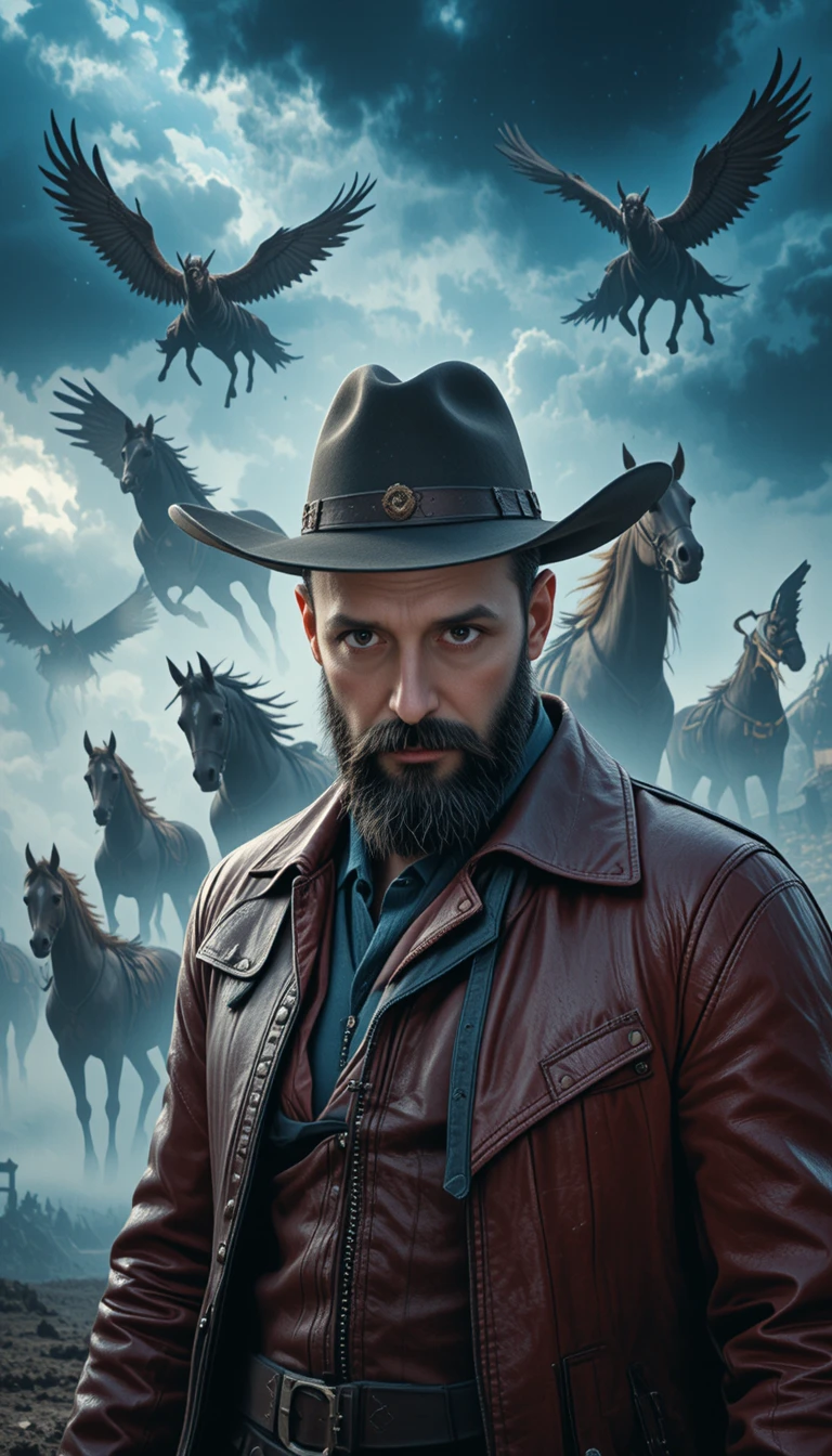 Rugged cowboy in red jacket under stormy fantasy sky