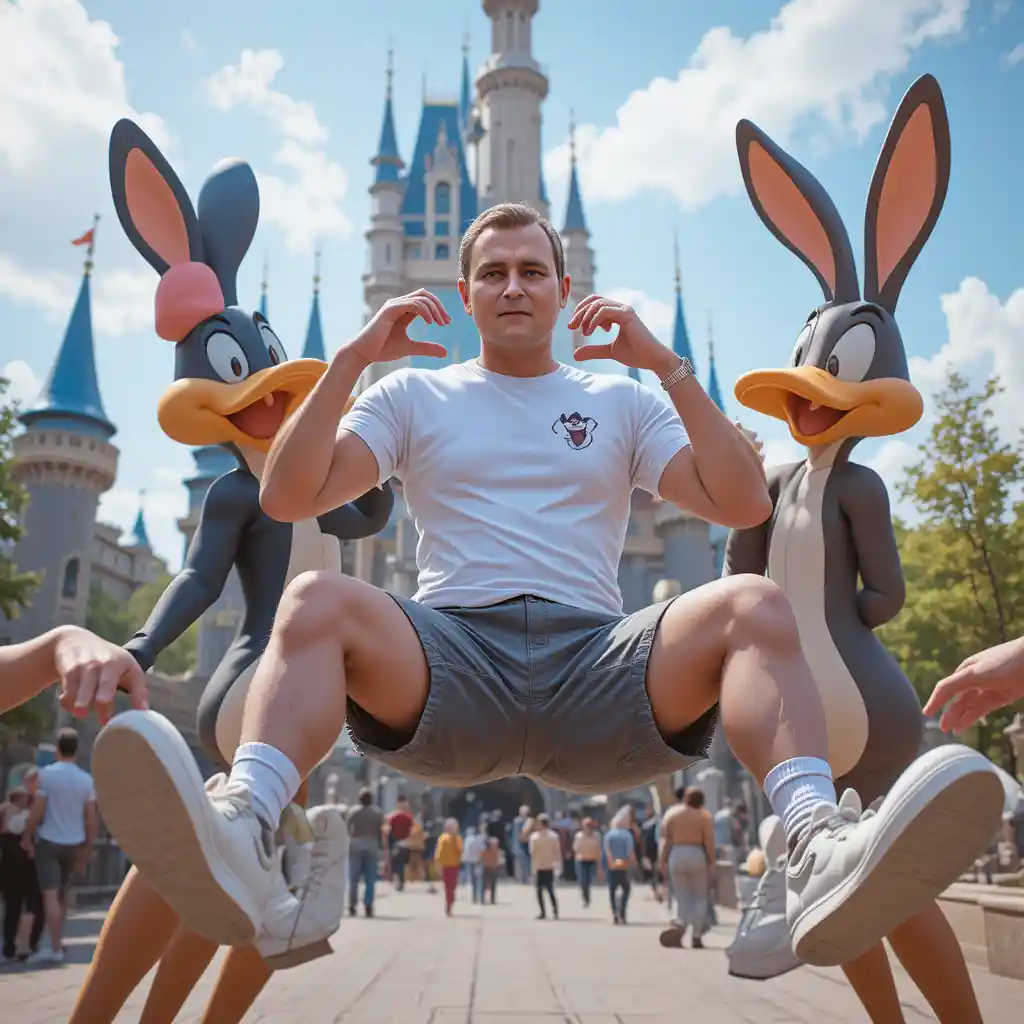 Man lifted by cartoon characters at sunny theme park castle