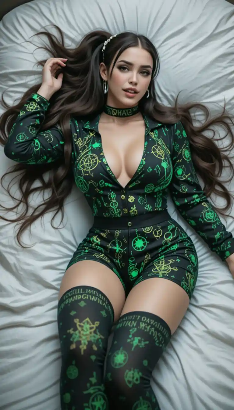 Curvy woman in neon occult pajama set lying on bed