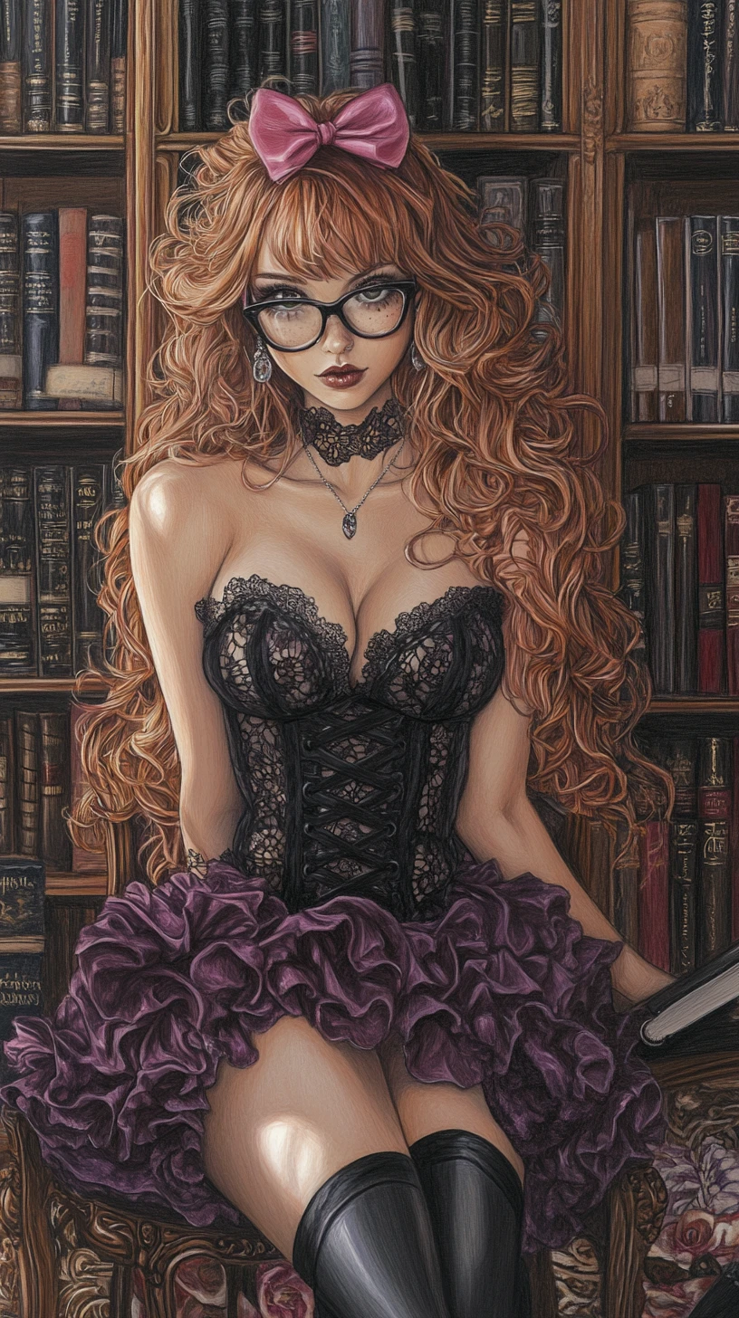 Anime woman in a cozy library with glowing magical book