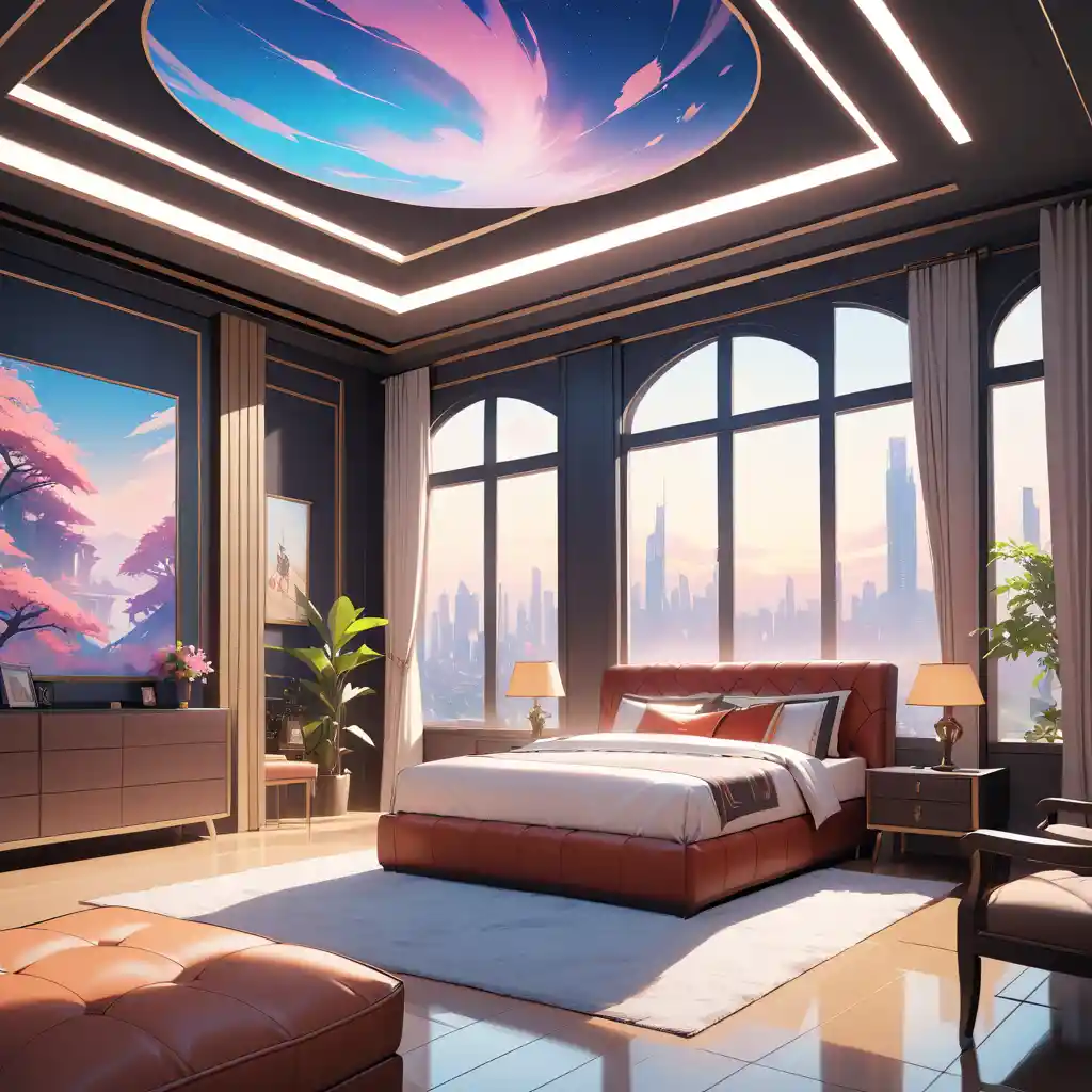 Luxurious modern fantasy bedroom with large window view