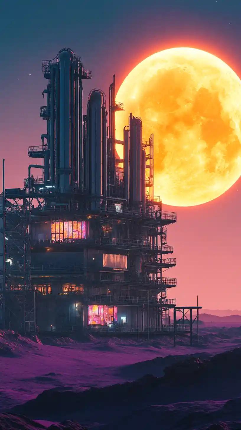 Towering recycled industrial building in a vivid desert sunset