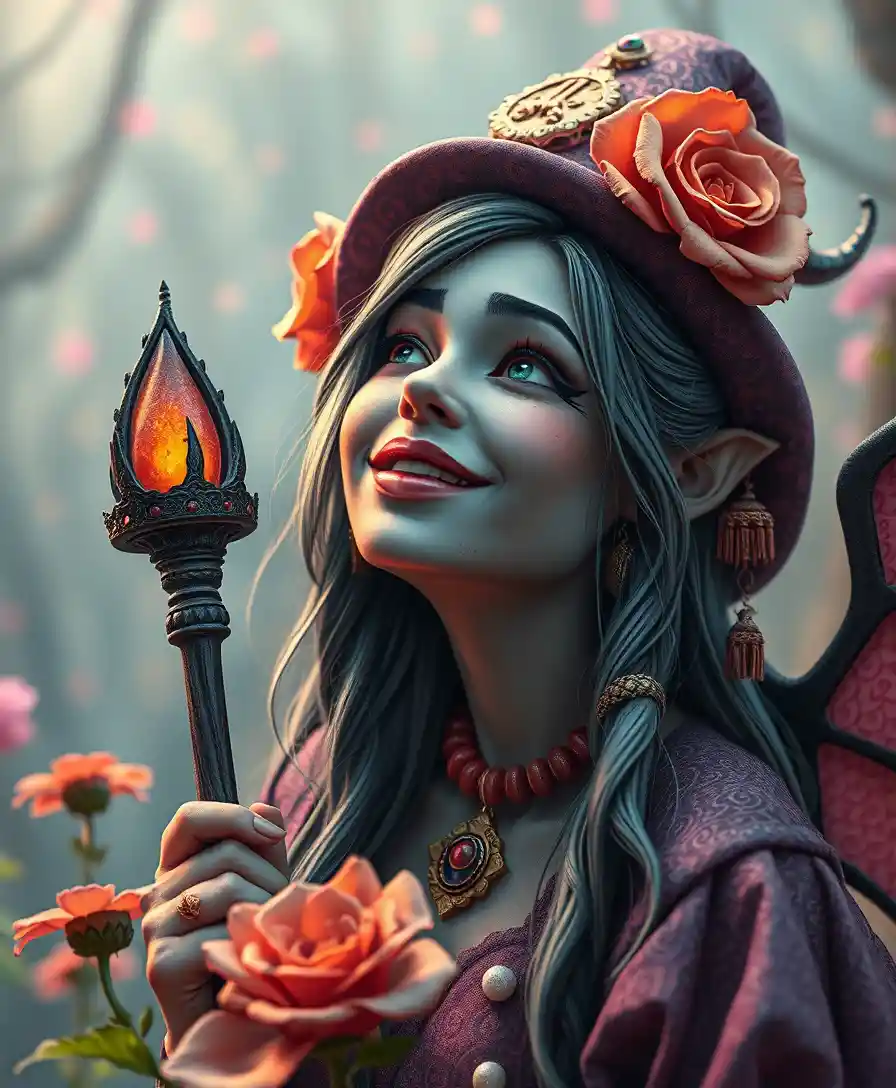 Whimsical witch goddess in a vibrant fantasy world