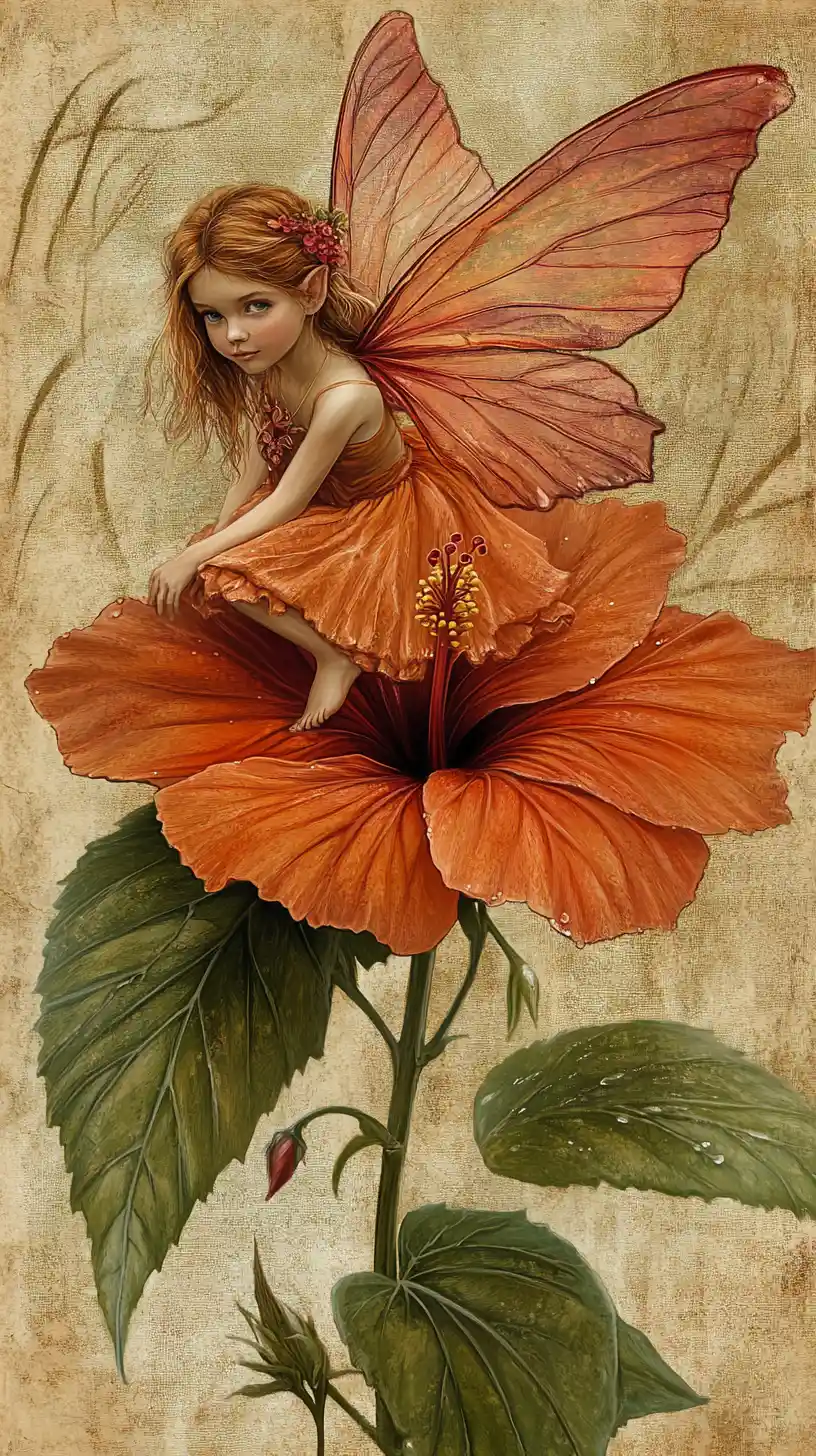 Tiny fairy resting on a hibiscus flower in chiaroscuro light