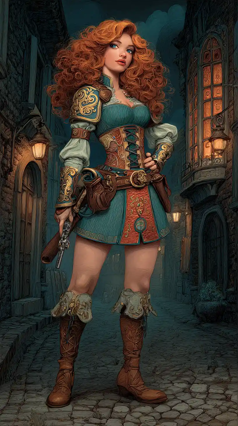 Fantasy warrior woman on a lantern lit medieval street