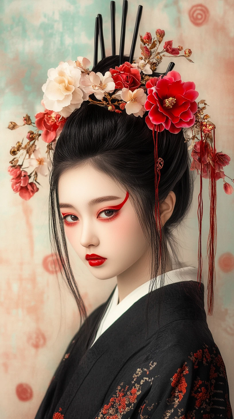 East Asian woman in ornate floral hair and red ritual makeup