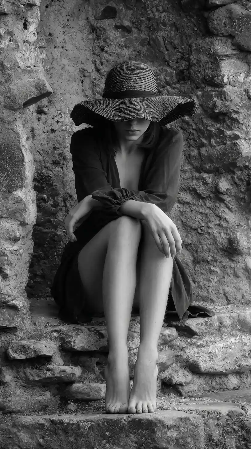 Lonely woman in ruins lit by dramatic golden light