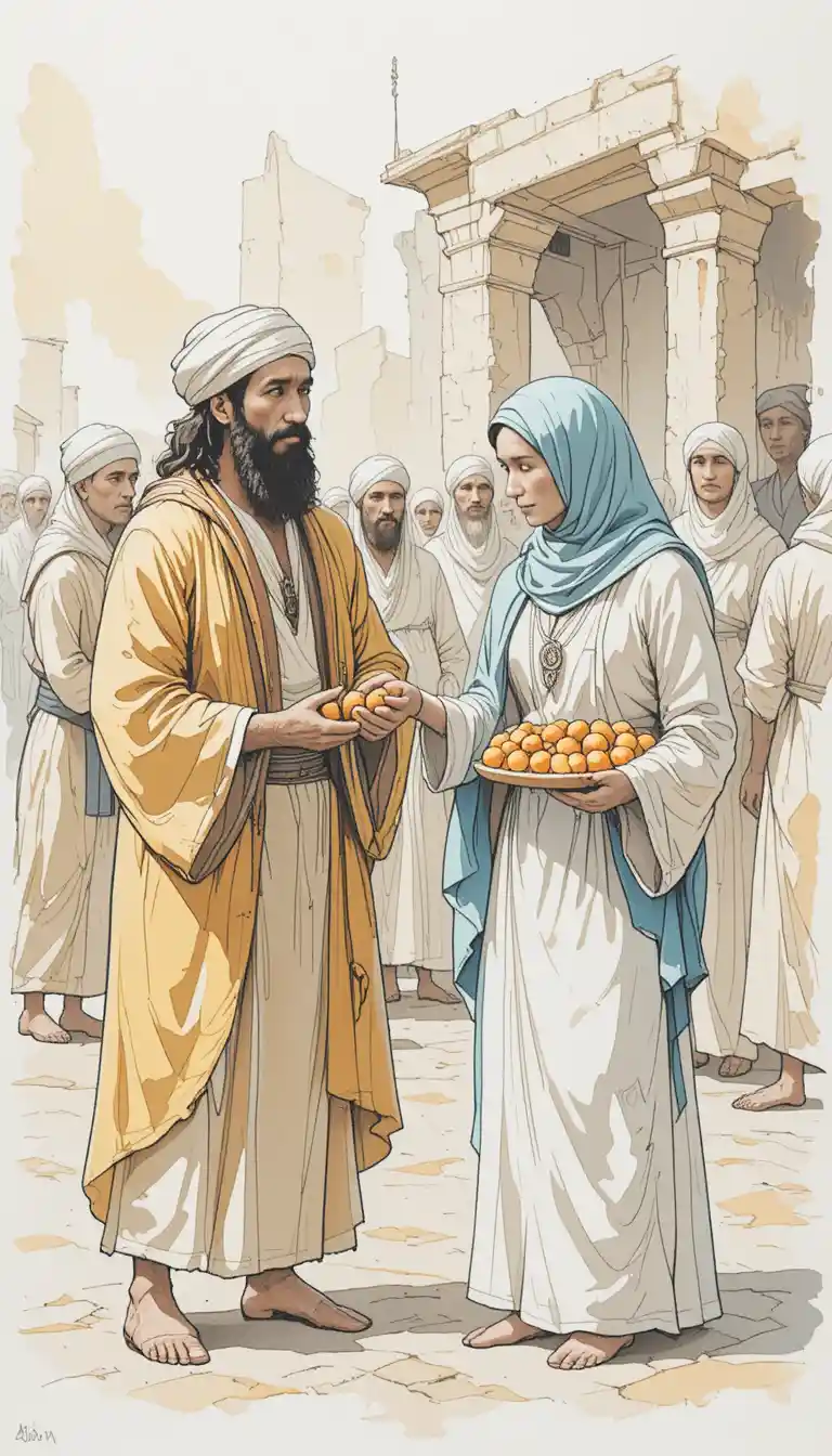 Watercolor scene of a merchant sharing fruit in a bazaar