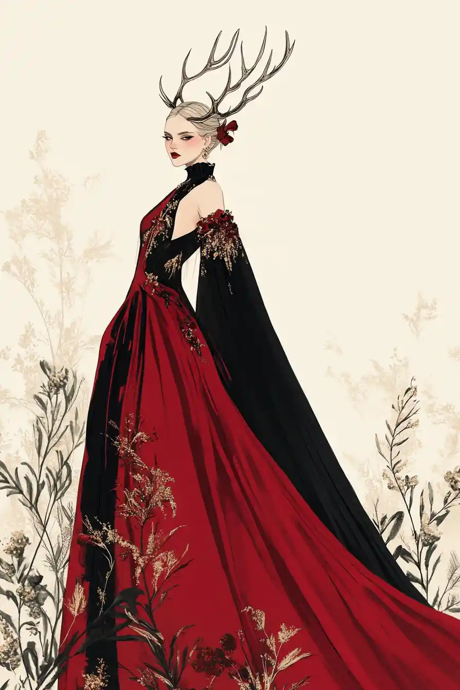 Haute couture zodiac fashion woman in burgundy and beige