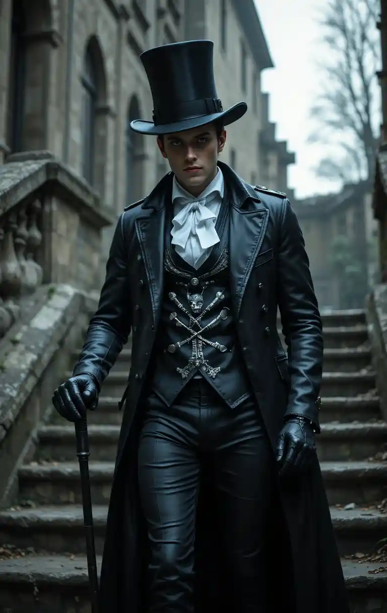 Victorian vampire gentleman walking down stone steps