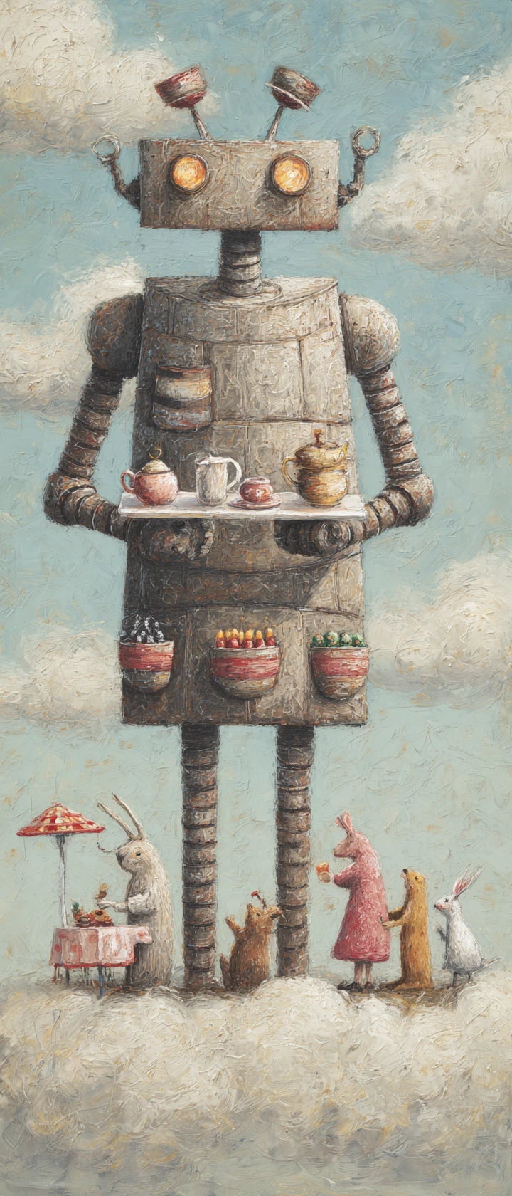 Whimsical giant kitchen robot serving tea to animal friends