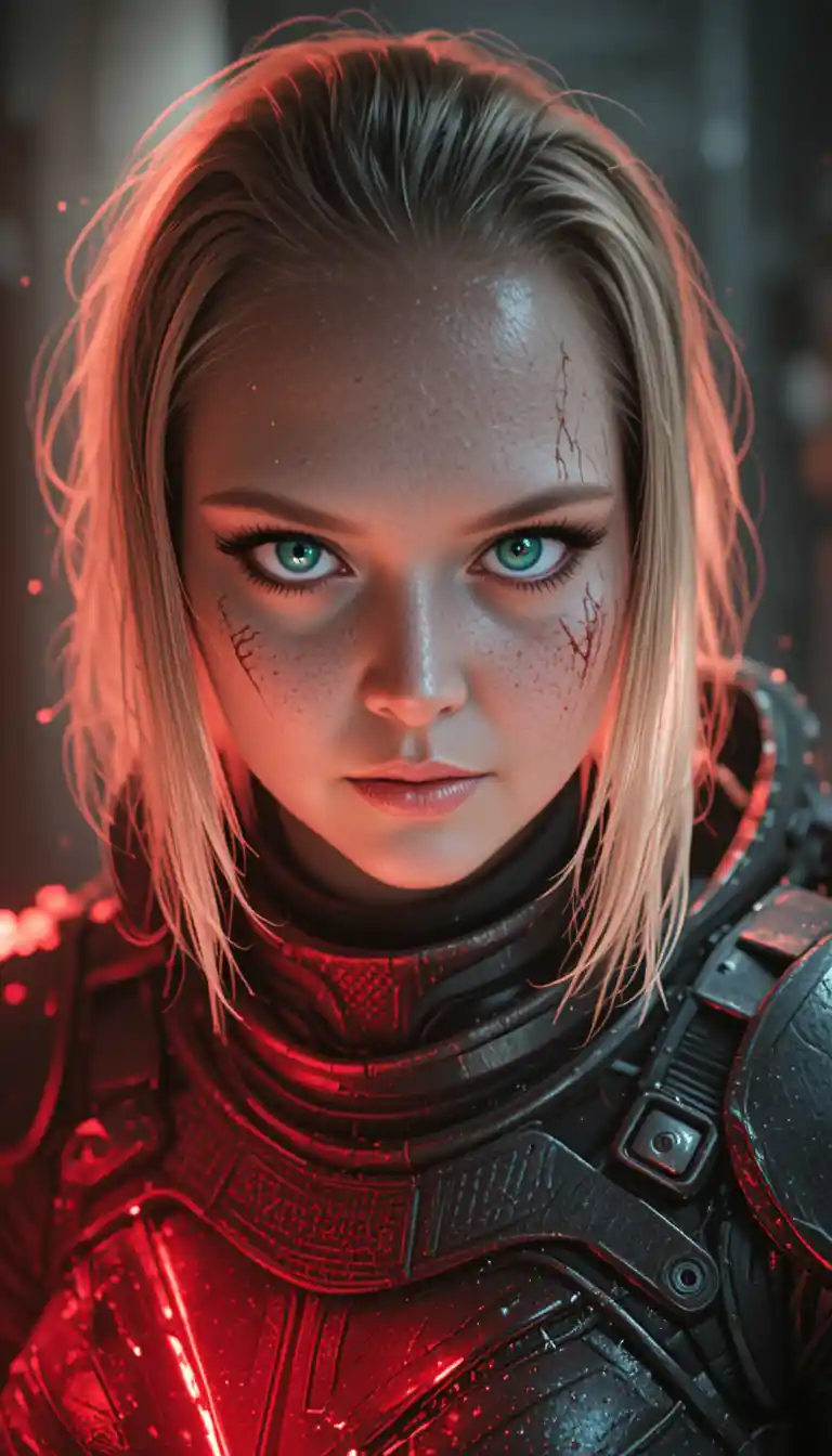 Battle scarred anime woman in red backlight close up