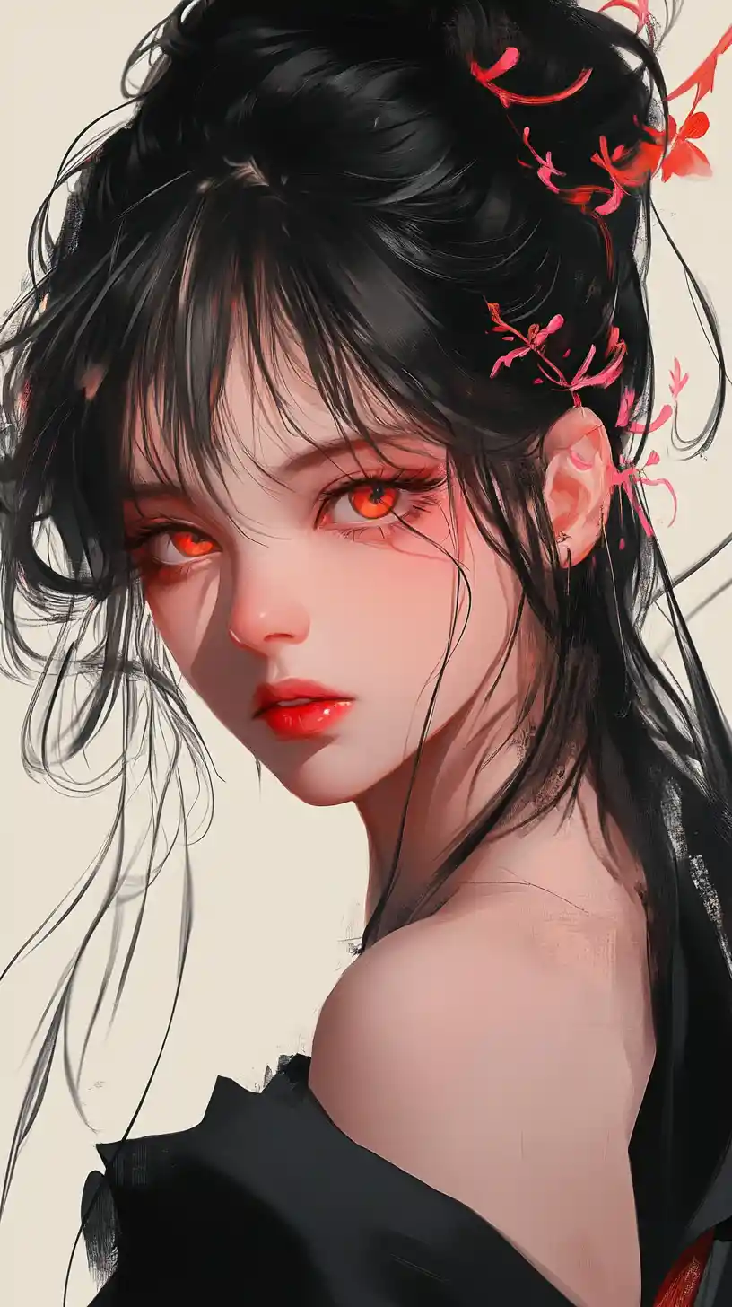 Anime girl in black kimono with glowing pink eyes