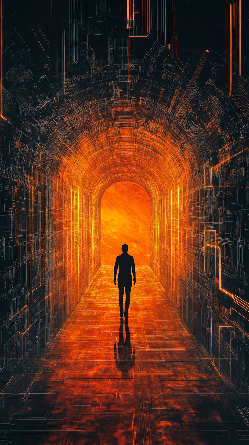 Silhouetted figure walking into glowing geometric tunnel
