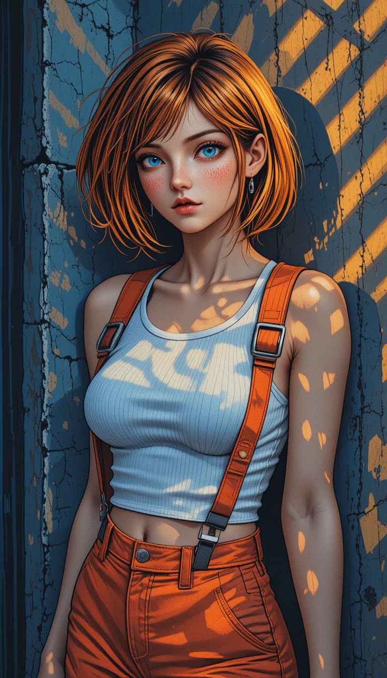 Young woman in orange gear against gritty concrete wall