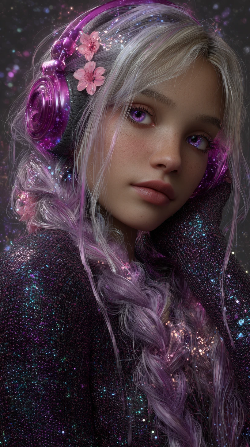 Purple haired anime woman with headphones and cosmic aura