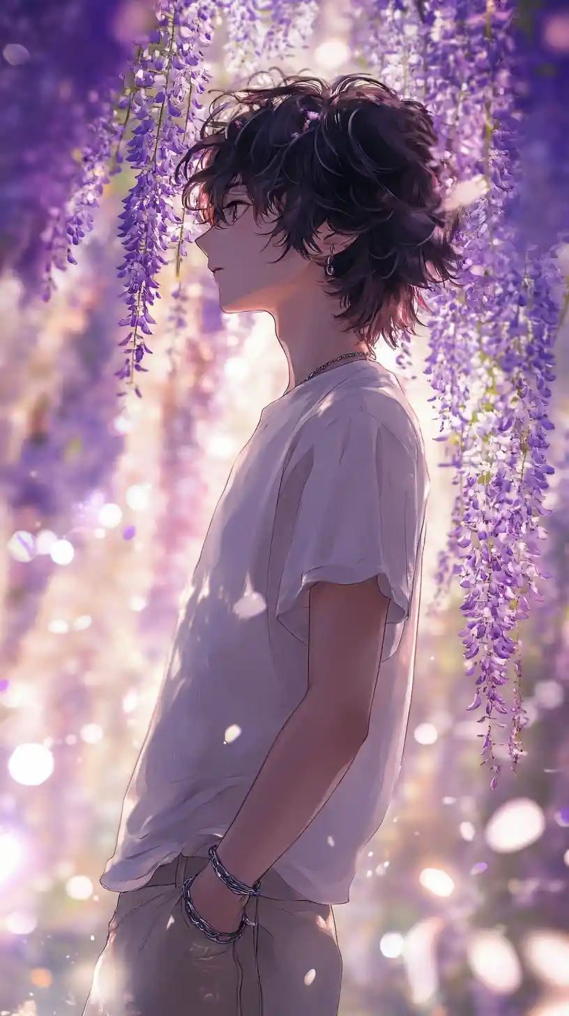 Anime man under cascading purple wisteria flowers