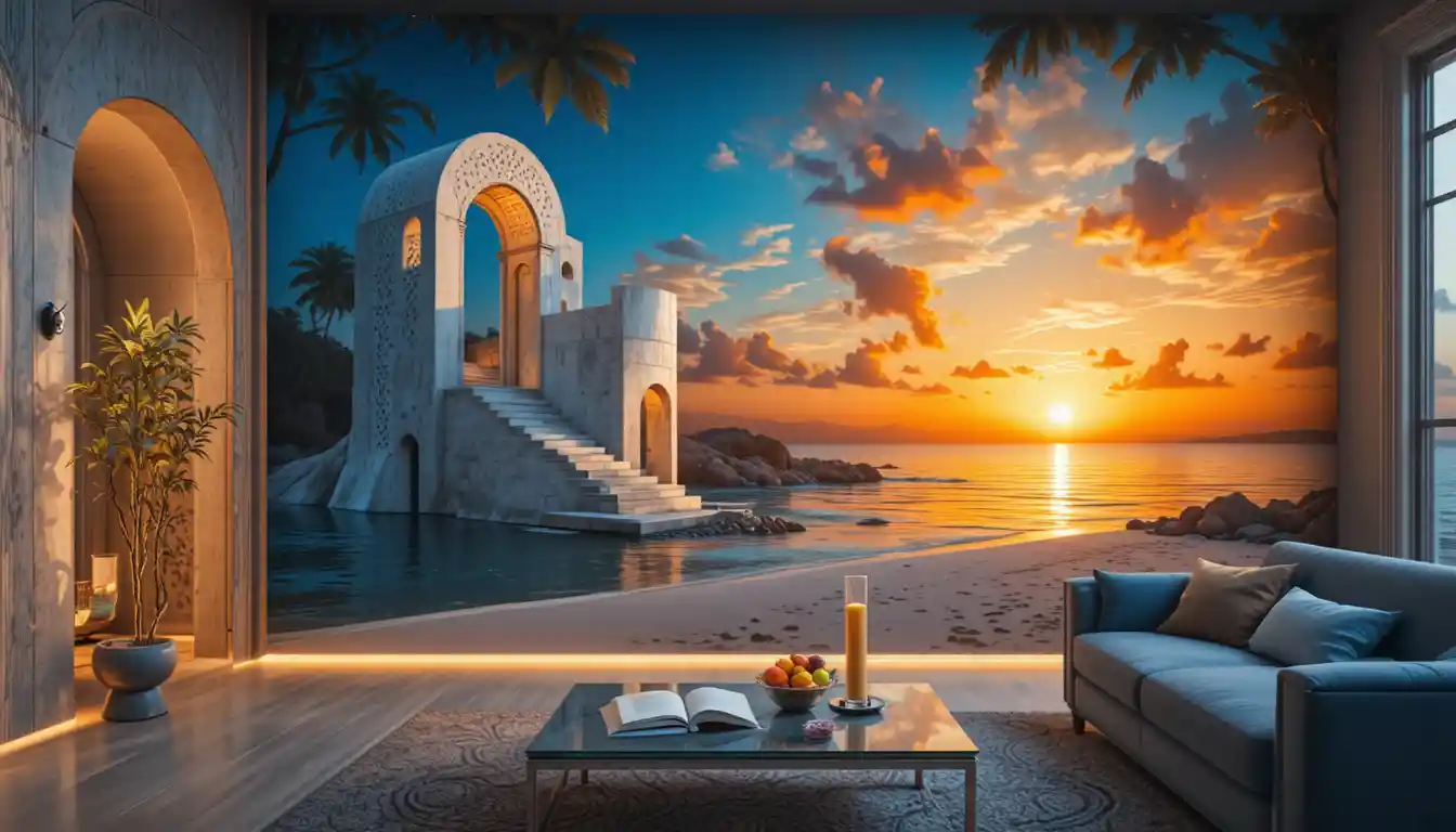Modern living room with surreal staircase wall mural