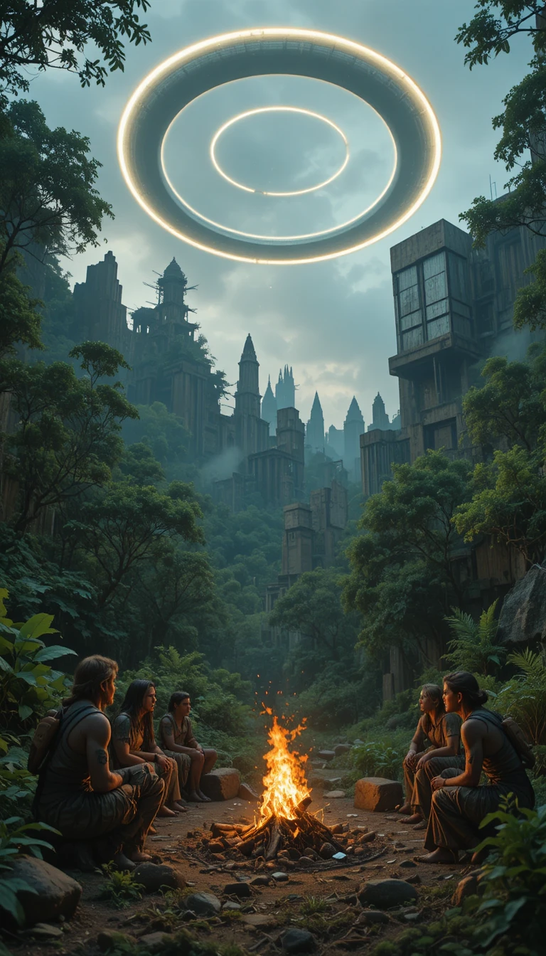 Primitive survivors around a campfire under glowing sky rings