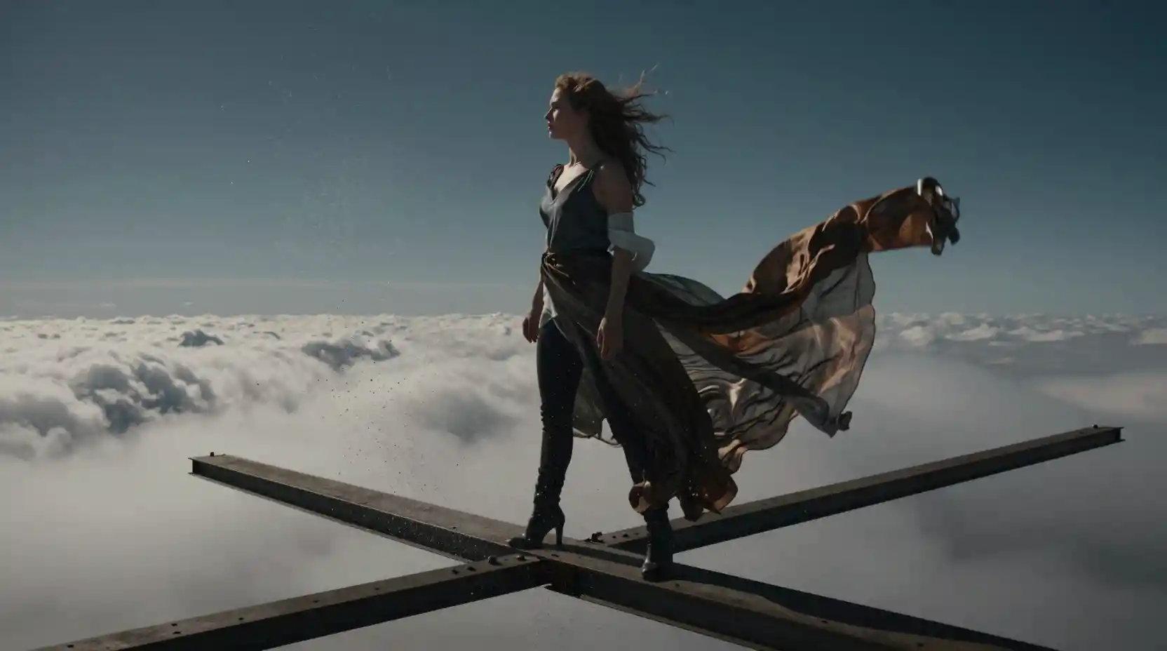 Young woman balancing on a steel beam above the clouds