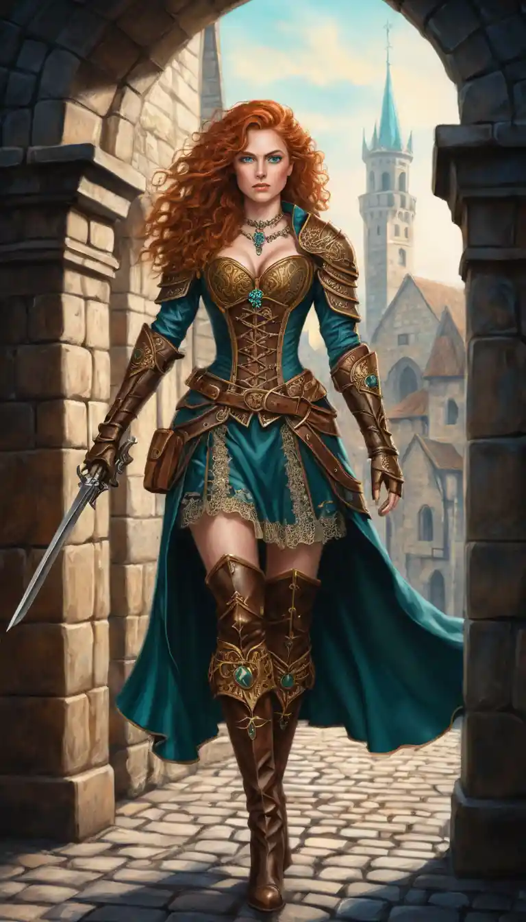 Guerriera fantasy in una strada medievale illuminata da lanterne