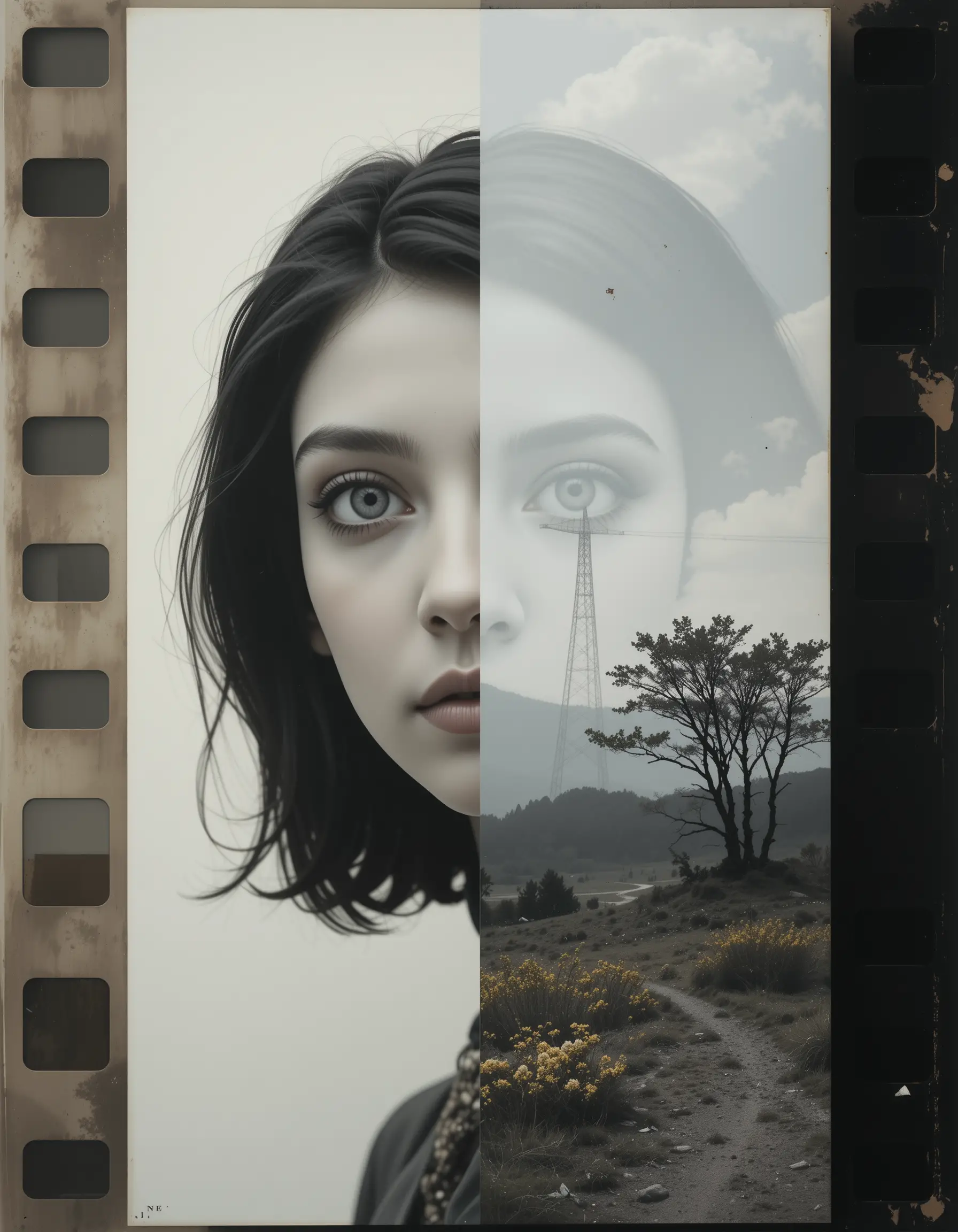 Juxtaposed vintage portraits with surreal landscape overlays