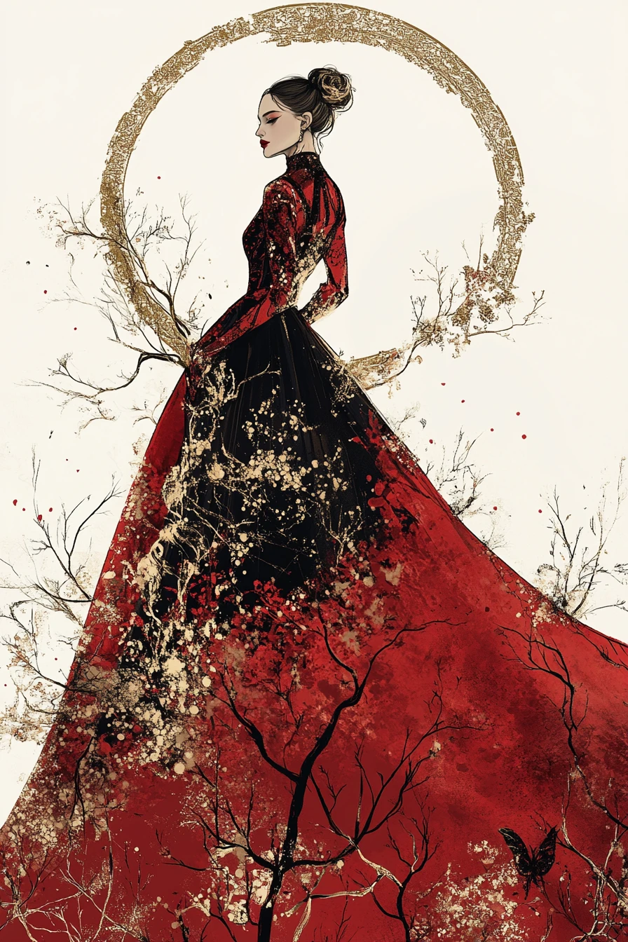 Elegante, vom Sternzeichen inspirierte Haute-Couture-Modeillustration einer Frau