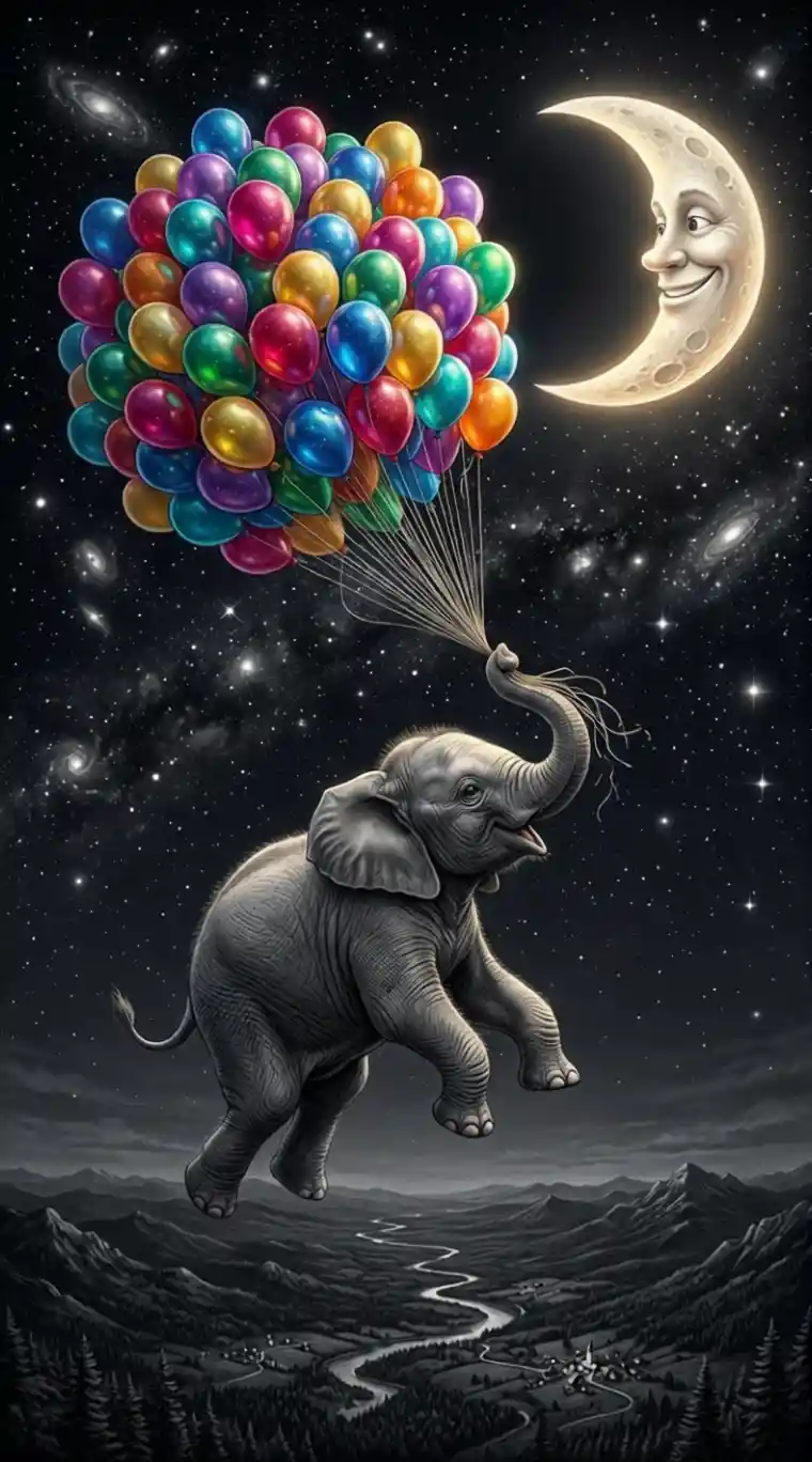 Elephant Floating With Colorful Balloons Toward Crescent Moon