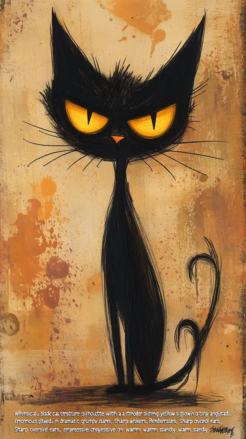 Moody black cat caricature with glowing yellow eyes