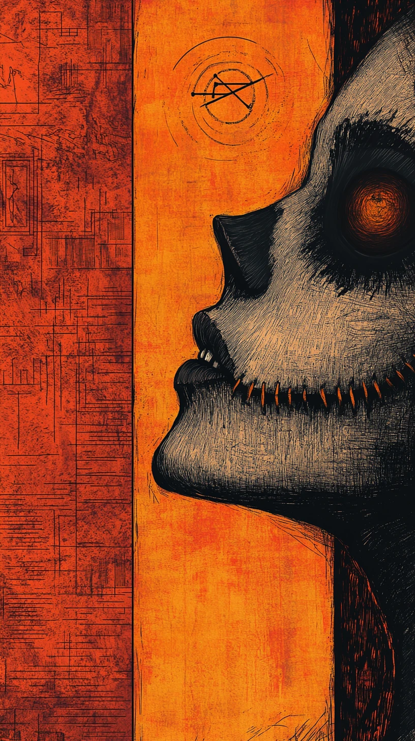 Macabre female face with stitched mouth in orange woodcut style