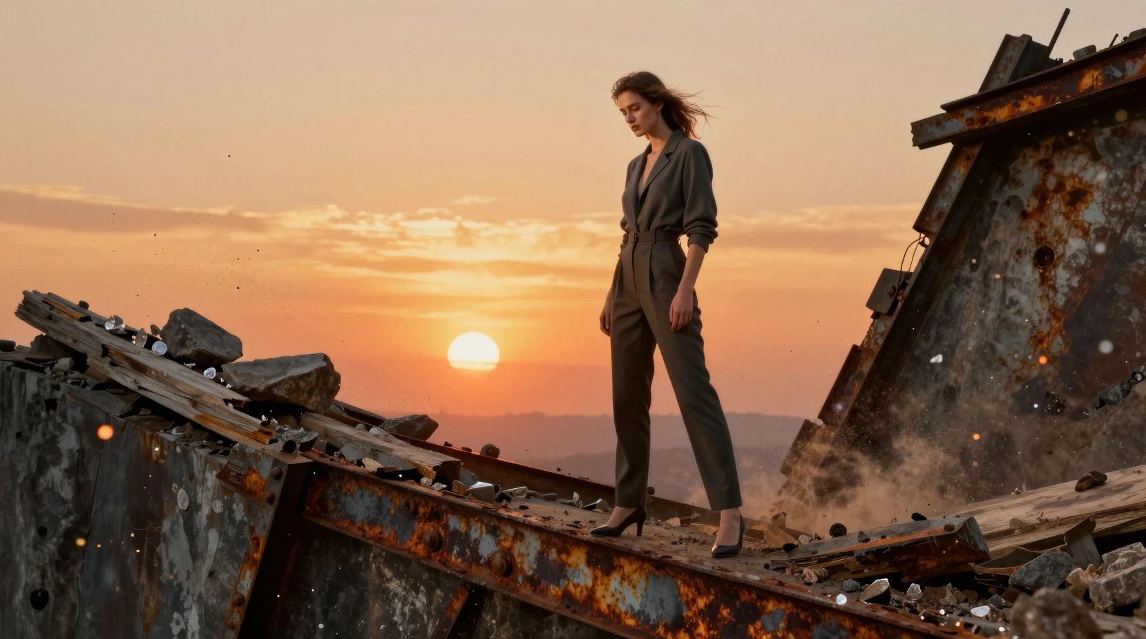 Young woman on crumbling ledge in fiery sunset dust
