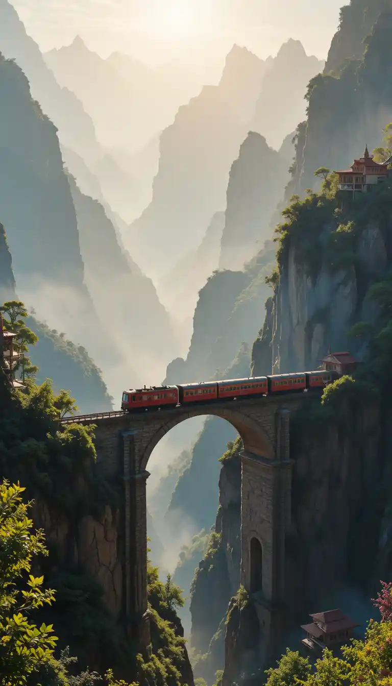 Vintage red train crossing a high mountain stone bridge