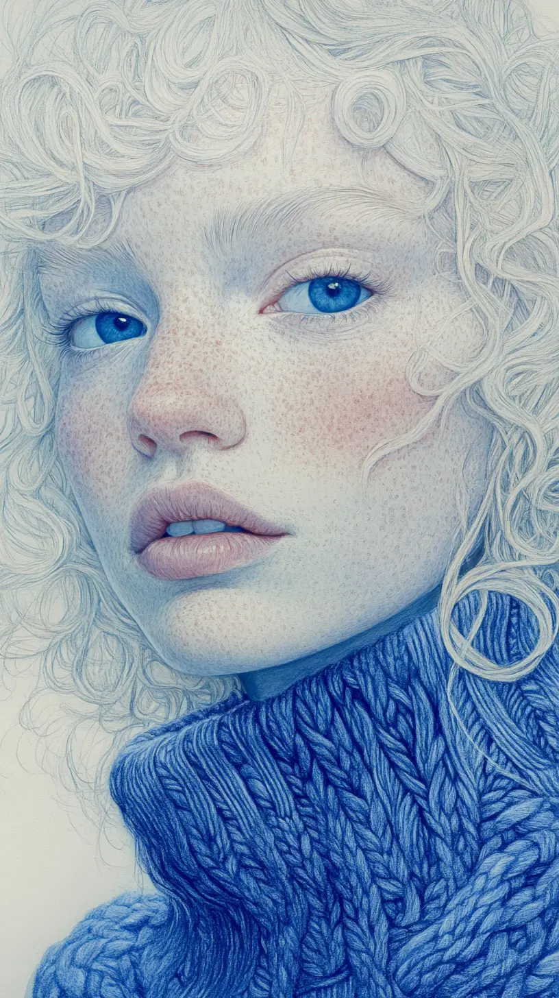 Albino girl portrait in blue ballpoint and colored pencil