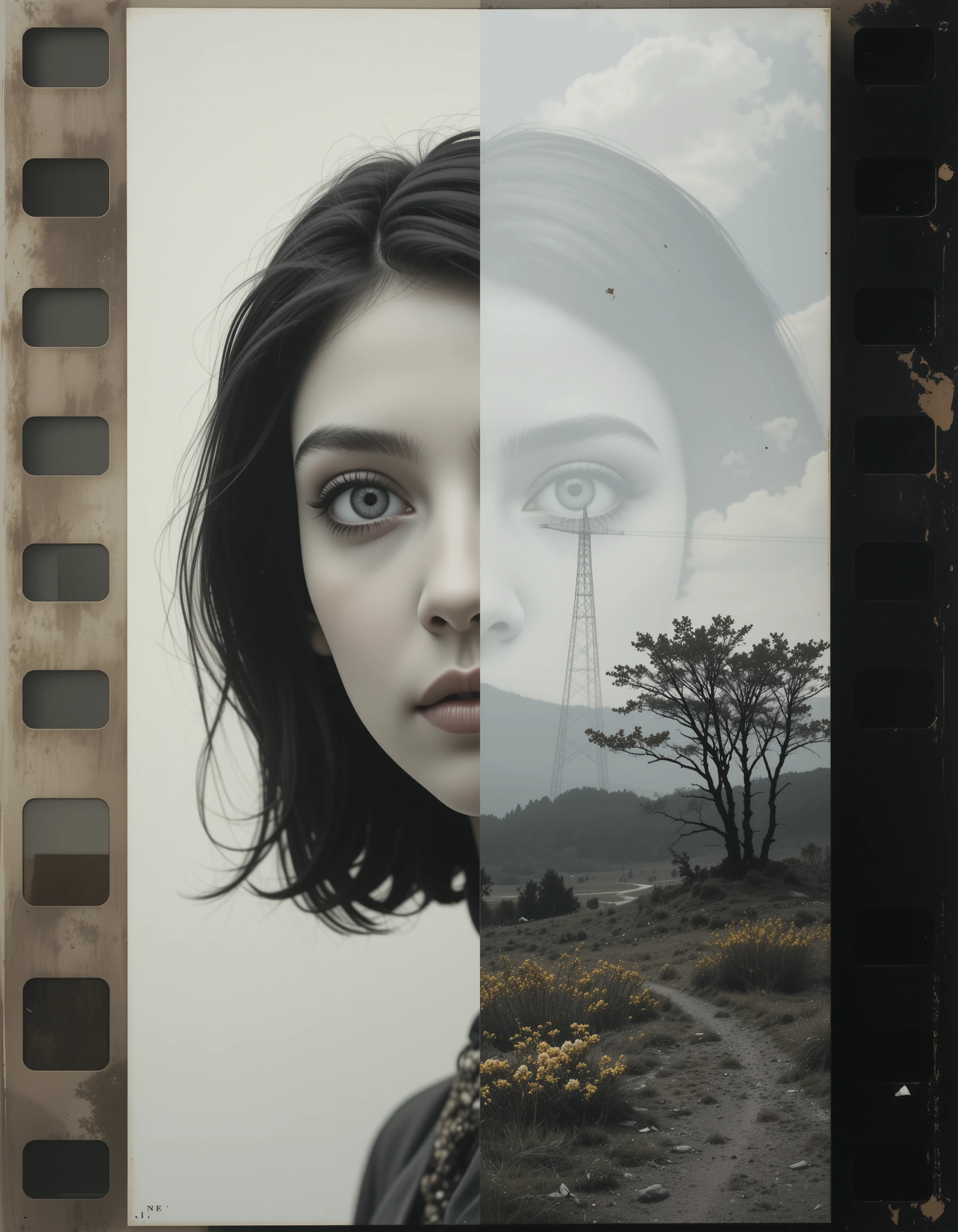 Juxtaposed vintage portraits with surreal landscape overlays
