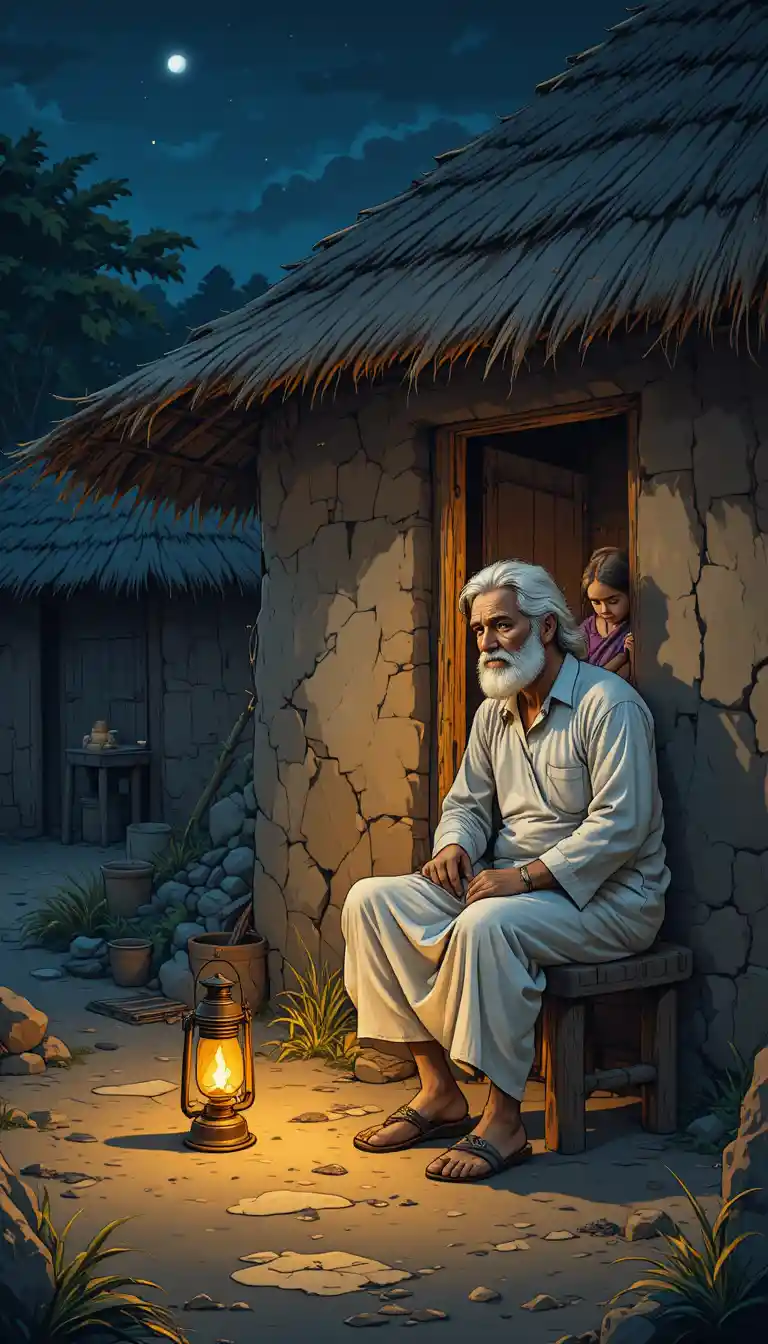 Elderly villager by lantern outside a thatched hut at night