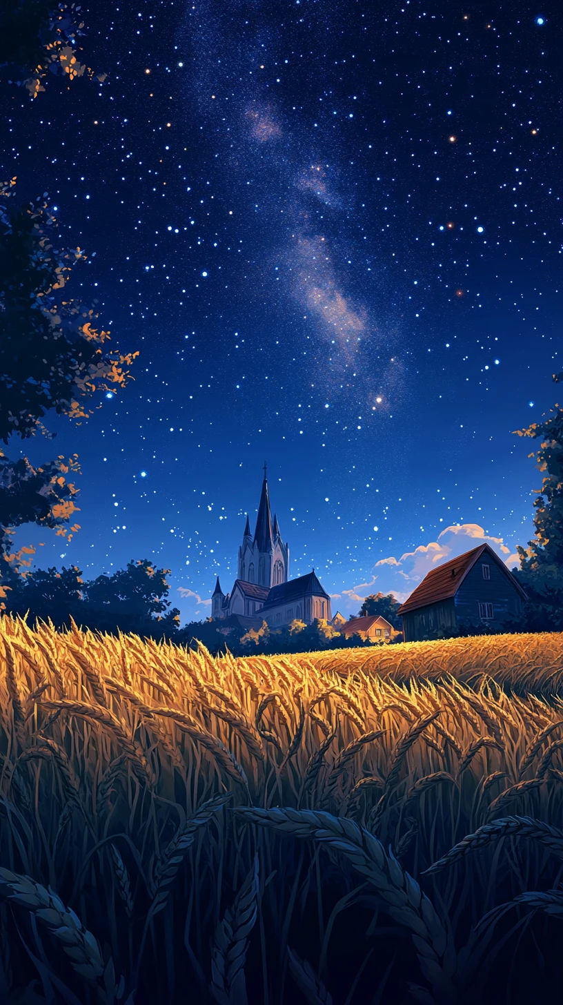 Moonlit Cathedral Beyond A Quiet Nighttime Wheat Field
