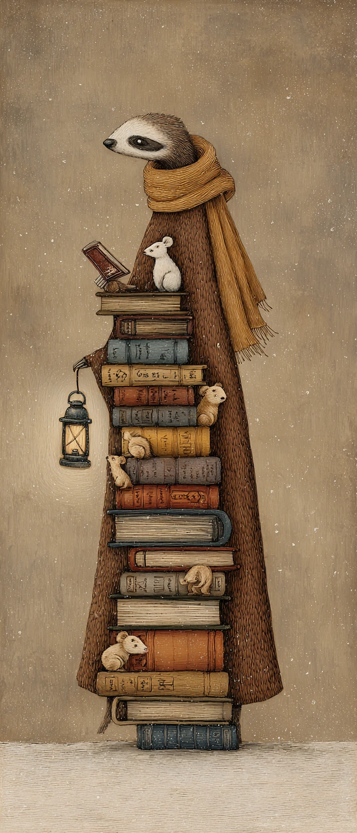 Sleepy Sloth Librarian Among Floating Shelves And Mice