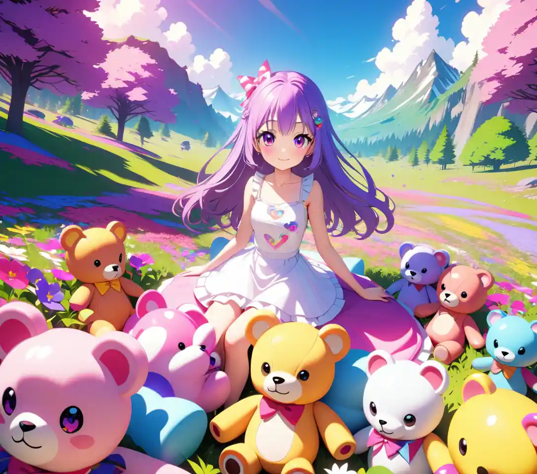 Young anime girl in a wildflower field with teddy bears