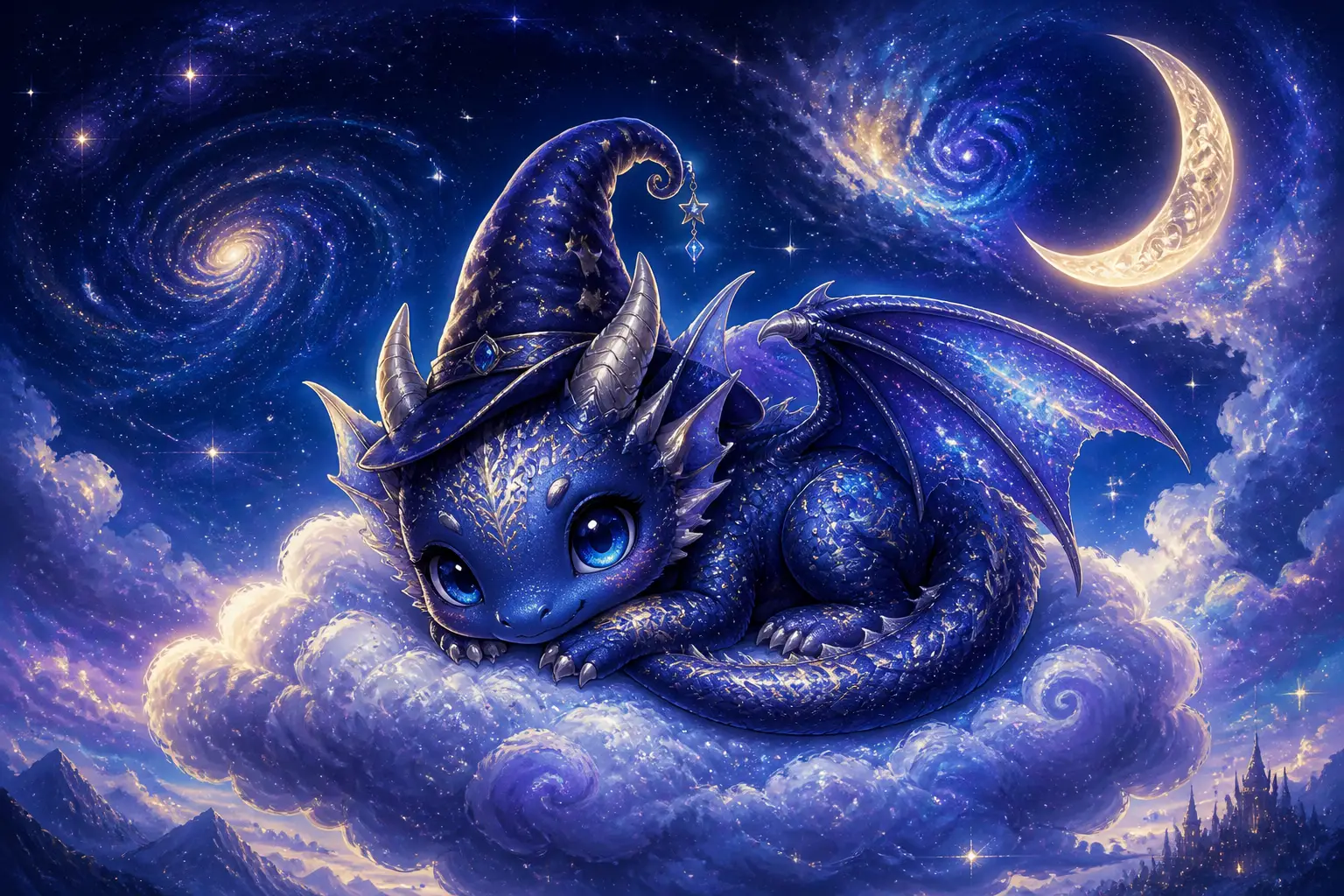 宇宙の夜に雲の上で眠るキュートなちびドラゴン