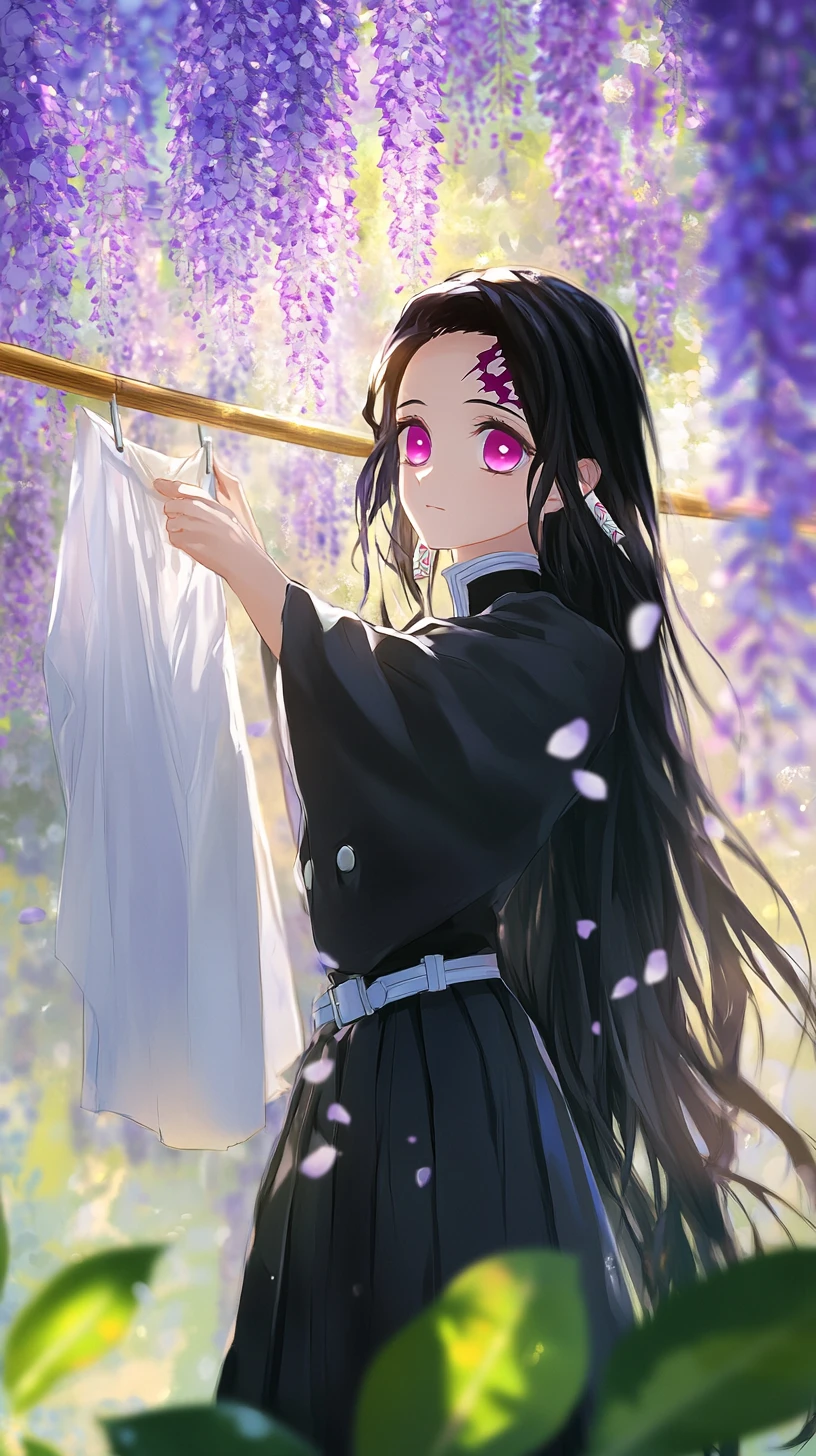 Anime girl hanging laundry under blooming wisteria