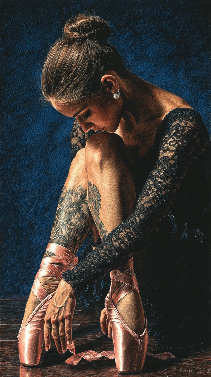 Young ballerina crouched on wooden floor in dramatic light