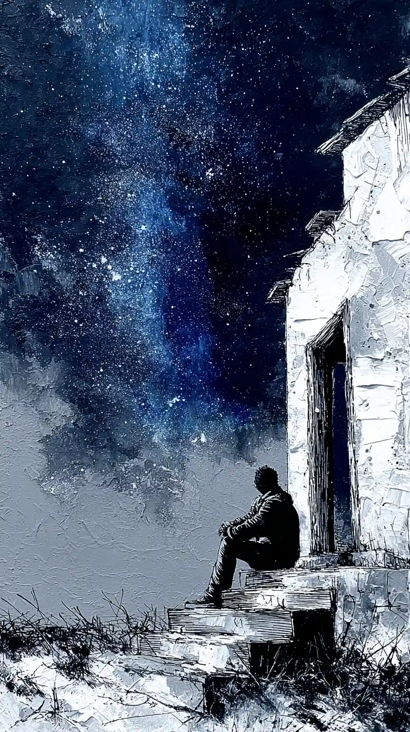 Tiny figure beside white house under vast starry night