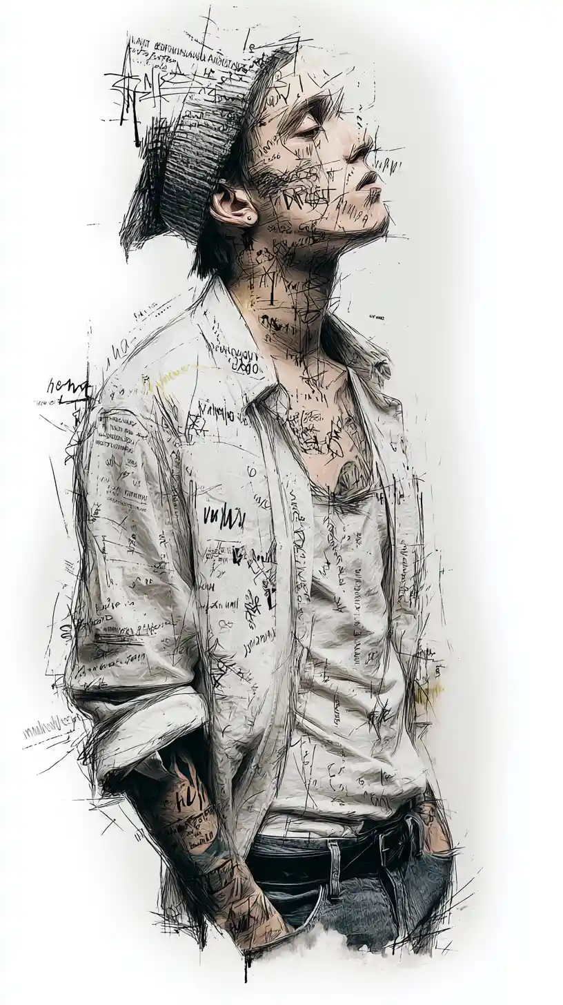 Expressive ink portrait of a tattooed woman in profile